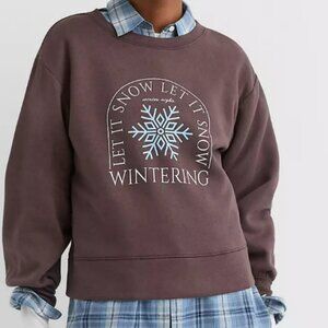 Let It Snow Terry Puff Sleeve Cropped Sweatshirt Brown - Medium NWOT